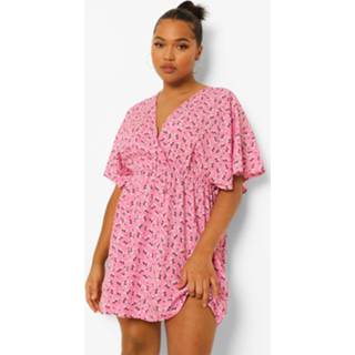 👉 Plus Bloemenpatroon Wikkel Skater Jurk, Pink