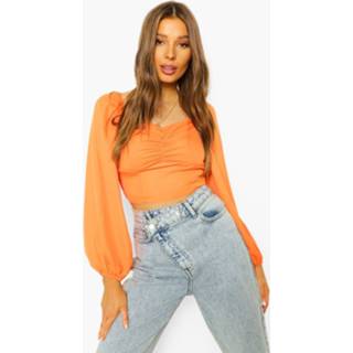 👉 Blouse Met Geplooide Buste En Lange Mouwen, Orange