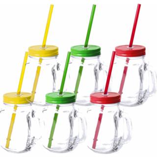 👉 Drinkbeker geel groen rood kinderen Set van 12x glazen drinkbekers dop/rietje 500 ml geel/groen/rood