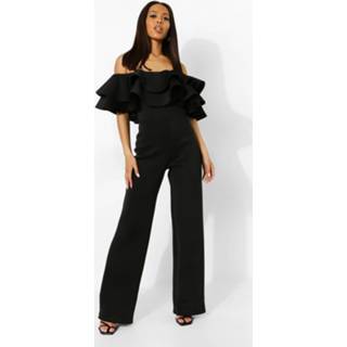 👉 Wide Leg Scuba Jumpsuit Met Ruches En Uitgesneden Hals, Black