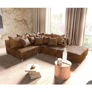 👉 Hoekbank bruin DELIFE Clovis antiek look met hocker ottomane rechts 4250809379814
