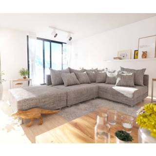 👉 Hoekbank grijze DELIFE Clovis lichtgrijze structuur hocker rechts module bank 4250809379975