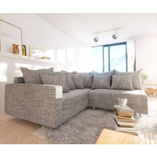 👉 Hoekbank grijze DELIFE Clovis lichtgrijze structuurstof armleuning ottomane links modulebank 4250809380070