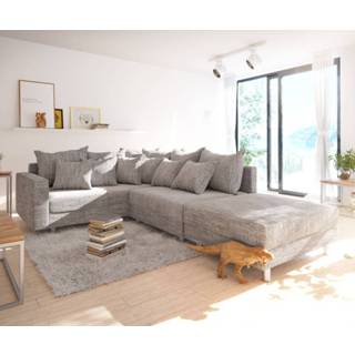 👉 Hoekbank grijs DELIFE Clovis licht structuurstof met hocker en armleuning ottomane links 4250809380094