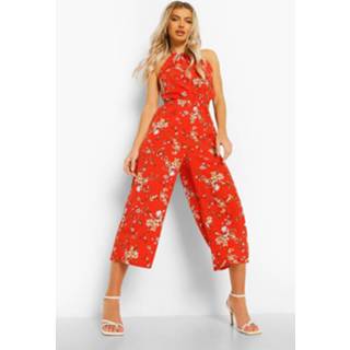 👉 Bloemenprint Culotte Jumpsuit Met Hals Strik En Uitsnijding, Red