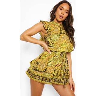 👉 Abstract Ruffle Belted Romper, Yellow