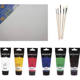 👉 Kwast multi kunststof Schilders verf set van 6x tubes acrylverf/hobbyverf 75 ml + doek 5x kwasten