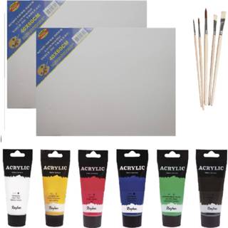 👉 Kwast multi kunststof Schilders verf set van 6x tubes acrylverf/hobbyverf 75 ml + 2x doek 5x kwasten