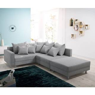 👉 Hoekbank grijs stof DELIFE Clovis vlakke met hocker en armleuning ottomane links modulsofa 4250809392776