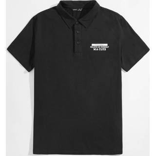 👉 Poloshirt katoen zwart mannen Preppy Slogan voor man Voorpand met Knoopjes