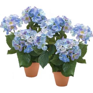 👉 Kunstplant blauwe 2x stuks hortensia Hydrangea Macrophylla in terracotta pot 40 cm