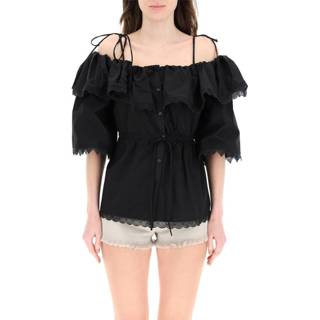 👉 Blous vrouwen zwart Poplin blouse with lace trims