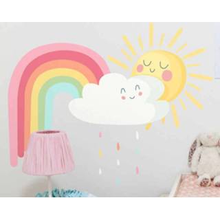 👉 Tekenfilm nederlands stickers Gelukkige zon en wolken met regenboog
