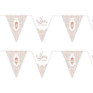 👉 Vlaggenlijn wit papieren goud 2x stuks Ramadan Mubarak thema vlaggenlijnen/slingers wit/rose 3 meter
