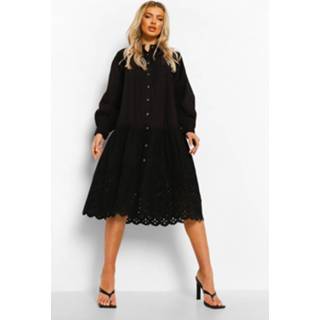 👉 Katoenen Broderie Midi Jurk Met Lage Taille, Black