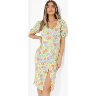 👉 Neon Bloemenprint Midi Jurk Met Knopen, White