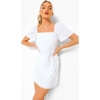 👉 Broderie Mini Jurk Met Vierkante Hals En Korte Mouwen, White