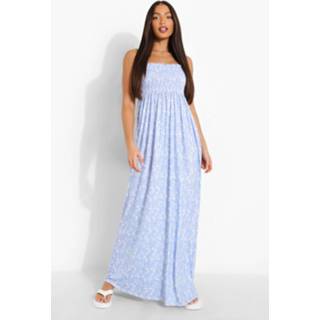 👉 Tall Geplooide Strapless Bloemenpatroon Maxi Jurk, Baby Blue