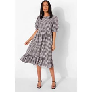 👉 Gesmokte Gingham Midi Jurk Met Pofmouwen En Geplooide Zoom, Black