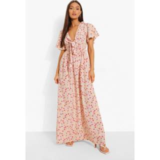 👉 Bloemenprint Maxi Jurk Met Mouw Franjes En Laag Decolleté, White