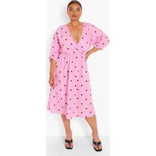 👉 Plus Wikkel Midi Jurk Met Stippen, Pink