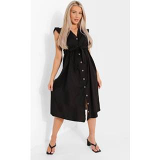 👉 Zwangerschap Katoenen Midi Jurk Met Knopen, Black