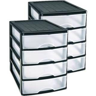 👉 Ladeblok zwart transparant 2x stuks ladeblok/bureau organizer met 4x lades zwart/transparant L 35,5 x B 27 H 35 cm