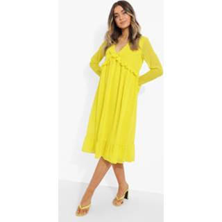 👉 Dobby Mesh Midi Jurk Met Lange Mouwen En Franjes, Mustard