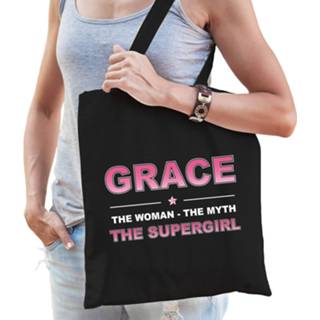 👉 Katoenen tas One Size zwart vrouwen Naam cadeau Grace - The woman, myth supergirl Boodschappentas verjaardag/ moeder/ collega/ vriendin 8720276783729