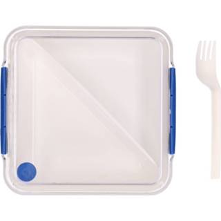 👉 Transparant met blauwe lunchbox met vorkje 1000 ml - Voedselbewaar trommel/broodtrommel