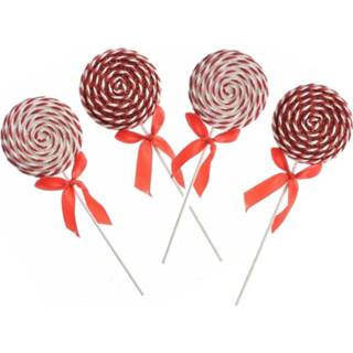 👉 Kerstboom rood wit foam Set van 4x stuks hang decoratie lollies glitter rood/wit 28 cm