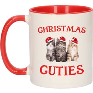 👉 Kerstmok rood One Size wit Set van 2x stuks cadeau kerstmokken Christmas cuties met kittens - 300 ml kattenliefhebbers 8720276760072