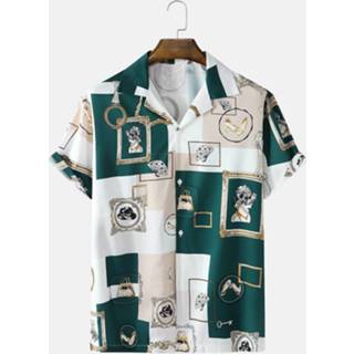 👉 Shirts korte mouw polyester m male donkergroen Mens Baroque Color Block Printed Revere Collar Vintage Short Sleeve