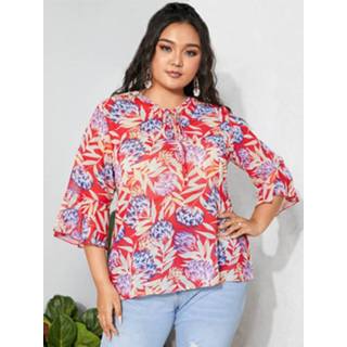 👉 Shirt polyester s vrouwen marine Flower Print Chiffon Knotted Bell Sleeves O-neck Plus Size Blouse