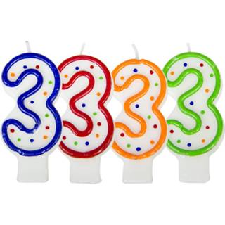 Verjaardag kaarsje wit Verjaardagskaars cijfer 3 - met gekleurde stippen 8714572077835