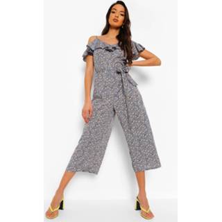 👉 Bloemenprint Jumpsuit Met Franjes, Ceintuur En Uitgesneden Schouders, Blue