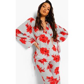 👉 Floral Ruched Sleeve Tie Back Jumpsuit, Blue