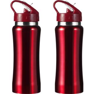 👉 Drink fles RVS rood One Size Set van 2x stuks drinkfles/waterfles 600 ml metallic - Sport bidon waterflessen 8720276626316