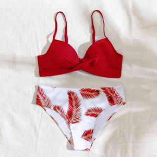 👉 Bikini polyester S M rood Sexy Planten sets criss cross