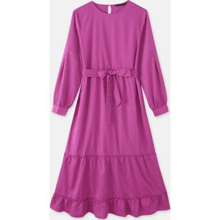 👉 Shirt polyester vrouwen l claret donkergroen Casual Knotted Puff Sleeve Plus Size Ruffle Dress