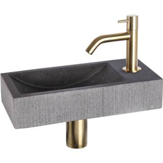 👉 Fonteinset zwart goud natuursteen rechthoekig hangend ribble mat Differnz bombai black met gebogen kraan 8712793559451