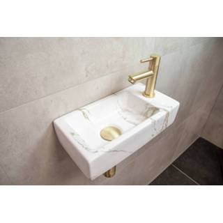 👉 Fonteinset wit messing geborsteld gouden keramiek rechthoekig I-Apa marmer Mueller Mini Apa rechts met marmeren fontein en kraan 7434236757767