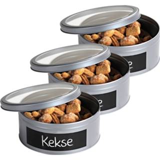 👉 Opbergblik zilveren 3x ronde koekblikken opbergblikken/bewaarblikken 20 cm met krijtbord vlak