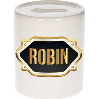 👉 Spaarpot multi gouden keramiek mannen active Naam cadeau Robin met embleem