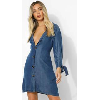 👉 Denim Blazer Jurk Met Knopen Met Manchette Detail, Mid Blue