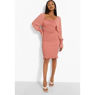 👉 Petite Geplooide Midi Jurk Met Volle Mouwen, Terracotta