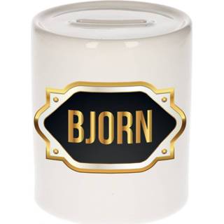 👉 Spaarpot multi gouden keramiek mannen active Naam cadeau Bjorn met embleem