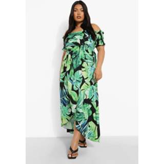 👉 Plus Off Shoulder Palm Print Maxi Jurk, Black