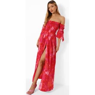 👉 Geplooide Tie Dye Maxi Jurk Met Uitgesneden Hals En Mouw Strikjes, Orange