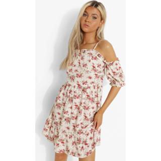 Tall Bloemenprint Skater Jurk Met Uitgesneden Hals En Laagjes, Ivory